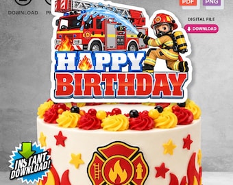 Decorazione per torta di compleanno a tema pompieri con camion dei pompieri, download immediato e stampabile / Download digitale per decorazioni per feste per bambini / Non modificabile