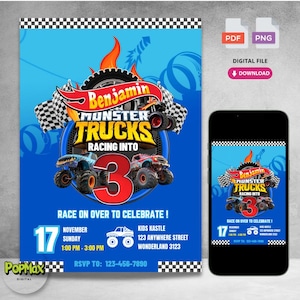 Cartão de convite de aniversário personalizado para impressão | Download digital para festa de aniversário com tema Monster Truck | Não editável