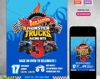 May include: A blue and red birthday invitation for a boy's 3rd birthday party. The invitation features a monster truck design with the text "Benjamin Monster Trucks Racing Into 3". The invitation includes the date, time, and location of the party.