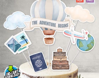 Instant Download Printable Adventure Begins Cake Topper | Digital File for Baby Shower Travel Birthday Party Decorations | Not Editable