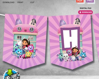 Instant Download Printable Gabby Cat Birthday Party Banner Bunting | Digital Download Alphabets Numbers | Not Editable 0712