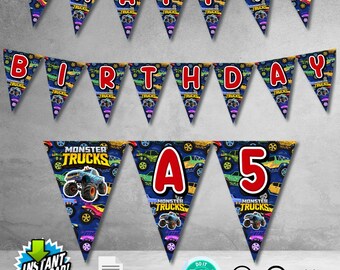 Monster Truck Birthday Pennant Banner | DIY Printable Party Flags | Custom Name and Age (Instant Download)