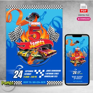 Gepersonaliseerde afdrukbare verjaardagsuitnodigingskaart | Digitale download voor verjaardagsfeestje racewagenthema | Niet bewerkbaar
