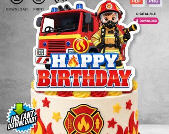 Decorazione per torta di compleanno a tema pompieri con camion dei pompieri, download immediato e stampabile / Download digitale per decorazioni per feste per bambini / Non modificabile