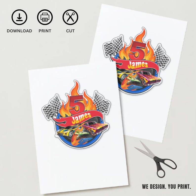 May include: Two white cards with a race car design. The design features a number 5 in flames, a banner with the name "James", and race cars. Checkered flags are on either side of the number 5. The cards have the options to download, print, and cut.