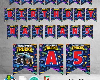 Monster Truck Birthday Pennant Banner | DIY Printable Party Flags | Custom Name and Age (Instant Download)