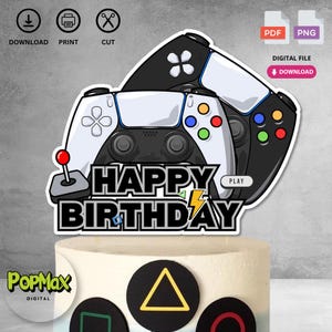 Adorno para tarta de cumpleaños imprimible con temática de videojuego, descarga instantánea. Decoración digital para fiestas infantiles. No editable.
