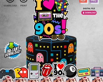 Instant Download Printable Birthday Cake Topper | Digital File for 90s Retro Theme Birthday Party Decorations | Not Editable