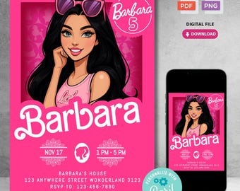 Editable Printable Birthday Invitation Card | Customised Corjl Template Digital Download for Princess Black Hair Girl Theme Birthday Party