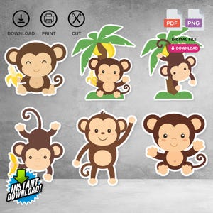 May include: A collection of brown cartoon monkey stickers with smiling faces, some holding bananas or near palm trees. The stickers are labeled with "Download", "Print", and "Cut" icons, and "Instant Download!" text. Digital file formats are PDF and PNG.