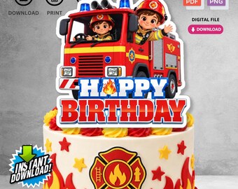Decorazione per torta di compleanno a tema pompieri con camion dei pompieri, download immediato e stampabile / Download digitale per decorazioni per feste per bambini / Non modificabile