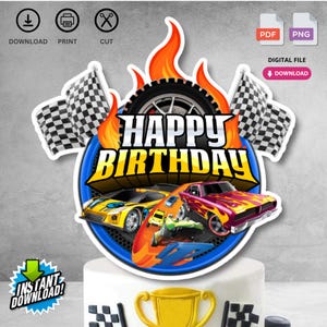 Instant Download Printable Birthday Cake Topper | Digital File for Race Car Theme Kids Birthday Party Decorations | Not Editable