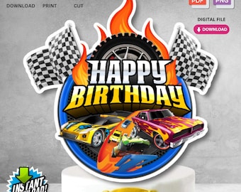 Download immediato di topper per torta di compleanno stampabile / file digitale per decorazioni per feste di compleanno per bambini a tema auto da corsa / non modificabile