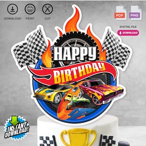 Instant Download Printable Birthday Cake Topper | Digital File for Race Car Theme Kids Birthday Party Decorations | Not Editable