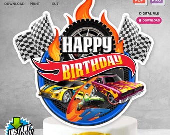 Instant Download afdrukbare verjaardagstaarttopper | Digitaal bestand voor raceauto thema Kids Birthday Party Decorations | Niet bewerkbaar