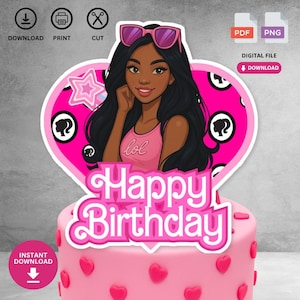 May include: A pink cake with a decorative topper featuring a cartoon illustration of a woman wearing sunglasses. The topper has the words "Happy Birthday" in a pink, stylized font. The cake is decorated with pink heart-shaped accents.