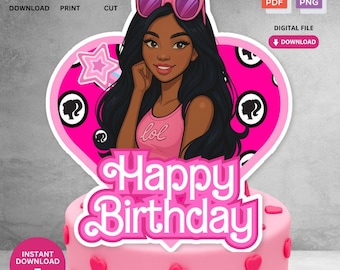 Download immediato di topper per torta di compleanno stampabile / file digitale per compleanno di bambine e bambine con principessa dalla pelle marrone / non modificabile