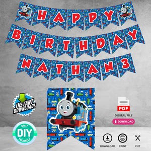 May include: A blue banner set with the words "HAPPY BIRTHDAY NATHAN 3" in red letters. The banner has a train theme with train illustrations. Includes a "DIY" and "Instant Download" graphic.
