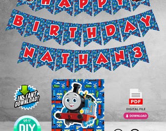 Instant Download Printable Train Theme Birthday Party Banner | DIY Add Name and Age | Digital Download for Kids Birthday Party Decorations