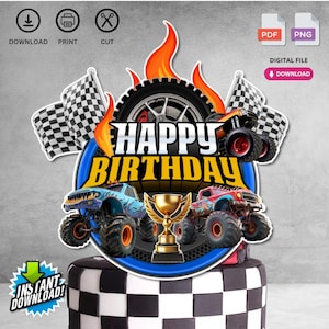 Instant Download Printable Monster Trucks Birthday Cake Topper | Digital Download for Kids Birthday Party Decorations | Not Editable