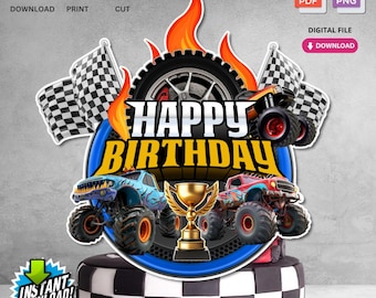 Téléchargement immédiat de gâteau d'anniversaire imprimable Monster Trucks | Téléchargement numérique pour décorations de fête d'anniversaire pour enfants | Non modifiable