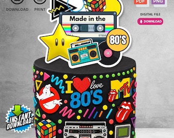 Decorazione per torta di compleanno retrò anni '80, scaricabile istantaneamente / / Decorazioni per torte digitali / Non modificabile