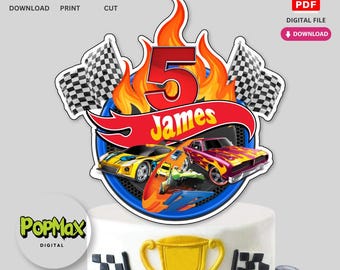 Personalized Printable Birthday Cake Topper | Digital File for Race Car Theme Kids Birthday Party Decorations | Not Editable