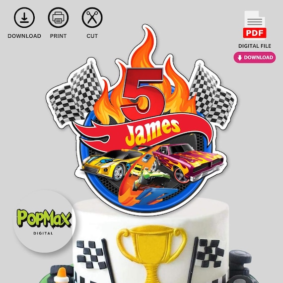 Personalized Printable Birthday Cake Topper | Digital File for Race Car Theme Kids Birthday Party Decorations | Not Editable