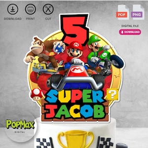 パーソナライズされた印刷可能なバースデーケーキトッパー | スーパーカートテーマの子供の誕生日パーティーデコレーション用デジタルファイル | 編集不可