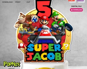 Gepersonaliseerde afdrukbare verjaardagstaarttopper | Digitaal bestand voor Super Kart thema Kids Birthday Party Decorations | Niet bewerkbaar