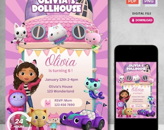 Invito di compleanno personalizzato stampabile / Download digitale per festa di compleanno a tema Gabby Cats / Non modificabile 0712