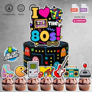 May include: A cake with an 80s theme, decorated with a black base and colourful graphics of Pac-Man, ghosts, and a Rubik's Cube. The cake topper says "I love the 80s!" with a cassette tape and sunglasses. Cupcakes with chocolate frosting are in front.