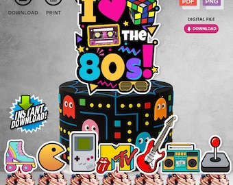 Download immediato di decorazioni per torte di compleanno stampabili / File digitale per decorazioni per feste di compleanno a tema retrò anni '80 / Non modificabile