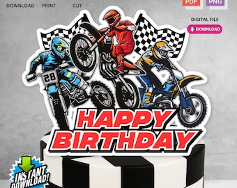 Instant Download Printable Motorcycle Dirt Bike Birthday Cake Topper | Digital File for Kids Birthday Party Decorations | Not Editable