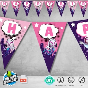 May include: A printable PDF file for a DIY banner with pink and purple triangle flags featuring the words "Happy Birthday" and a cartoon image of Spider-Gwen.