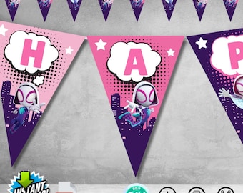 Instant Download afdrukbare Gwen Ghost thema verjaardagsfeestje banner | Digitale download voor kinderfeestje meisjes | Niet bewerkbaar