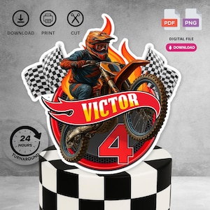 Personalized Printable Birthday Cake Topper | Digital File for Dirt Bike Motocross Theme Kids Birthday Party Decorations | Not Editable