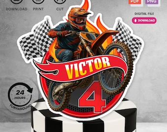 Topper per torta di compleanno personalizzato e stampabile / File digitale per decorazioni per feste di compleanno per bambini a tema Dirt Bike Motocross / Non modificabile