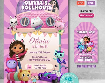 Editable Printable Birthday Invitation Card | Digital Download for Gabby Cats Theme Birthday Party | Corjl Template 0712