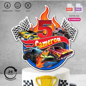 Personalized Printable Racing Car Monster Truck Birthday Cake Topper | Digital Download for Kids Birthday Party Decorations | Not Editable