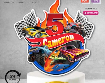Décoration de gâteau d'anniversaire imprimable personnalisée Monster Truck de voiture de course | Téléchargement numérique pour décorations de fête d'anniversaire pour enfants | Non modifiable