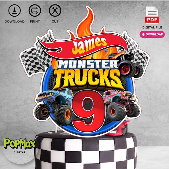 Personalized Printable Monster Trucks Theme Birthday Cake Topper | Digital Download for Kids Birthday Party Decorations | Not Editable