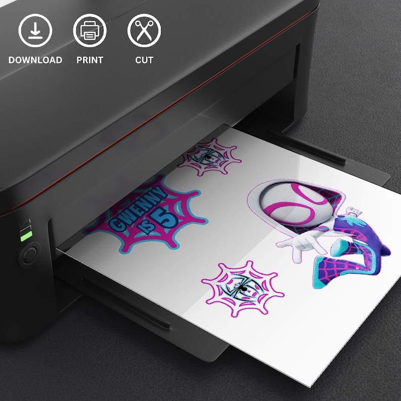 May include: A printer is shown with a sheet of paper featuring a cartoon character and the text "GWENNY IS 5". The character is wearing a white and pink mask and a blue and purple suit. The paper also has spiderweb designs.