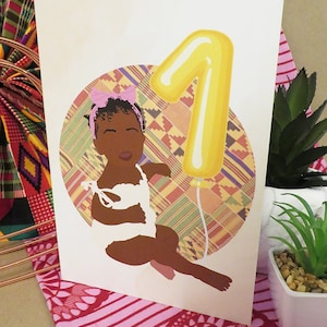 Tarjeta de cumpleaños de niña negra de 1 año, niña negra, tarjeta de felicitación negra, étnica, diversa, niña negra afroamericana