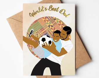 May include: A greeting card with a colorful patterned background and a father and son playing soccer. The card reads "World's Best Dad!"
