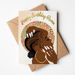 Tarjeta de cumpleaños de niña negra, mujer negra, tarjetas de felicitación negras, elegante, étnica, diversa, mujer negra afroamericana con trenzas