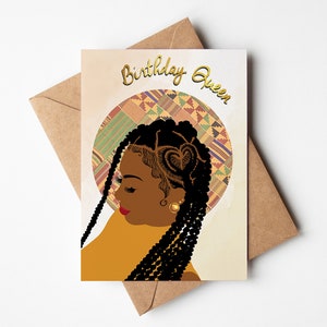 Cartão de aniversário de menina negra, mulher negra, cartões comemorativos pretos, elegante, étnico, diversificado, mulher negra afro-americana com tranças
