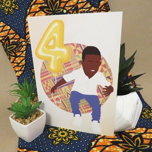Zwarte jongen leeftijd 4 verjaardagskaart, zwarte jongen, zwarte wenskaarten, etnisch, divers, Afro-Amerikaanse zwarte jongen
