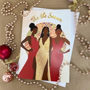 Biglietto di Natale per ragazze glamour, biglietti di auguri neri, eleganti, etnici, diversi, famiglia nera afroamericana