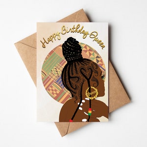 Biglietto d'auguri per ragazza nera, donna nera, biglietti d'auguri neri, donna nera di classe, etnica, diversificata, afroamericana con trecce